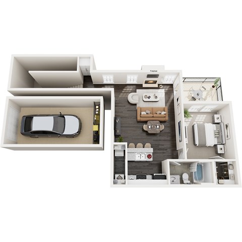 Floor plan for 1 bed, 1 bath, 917 sqft